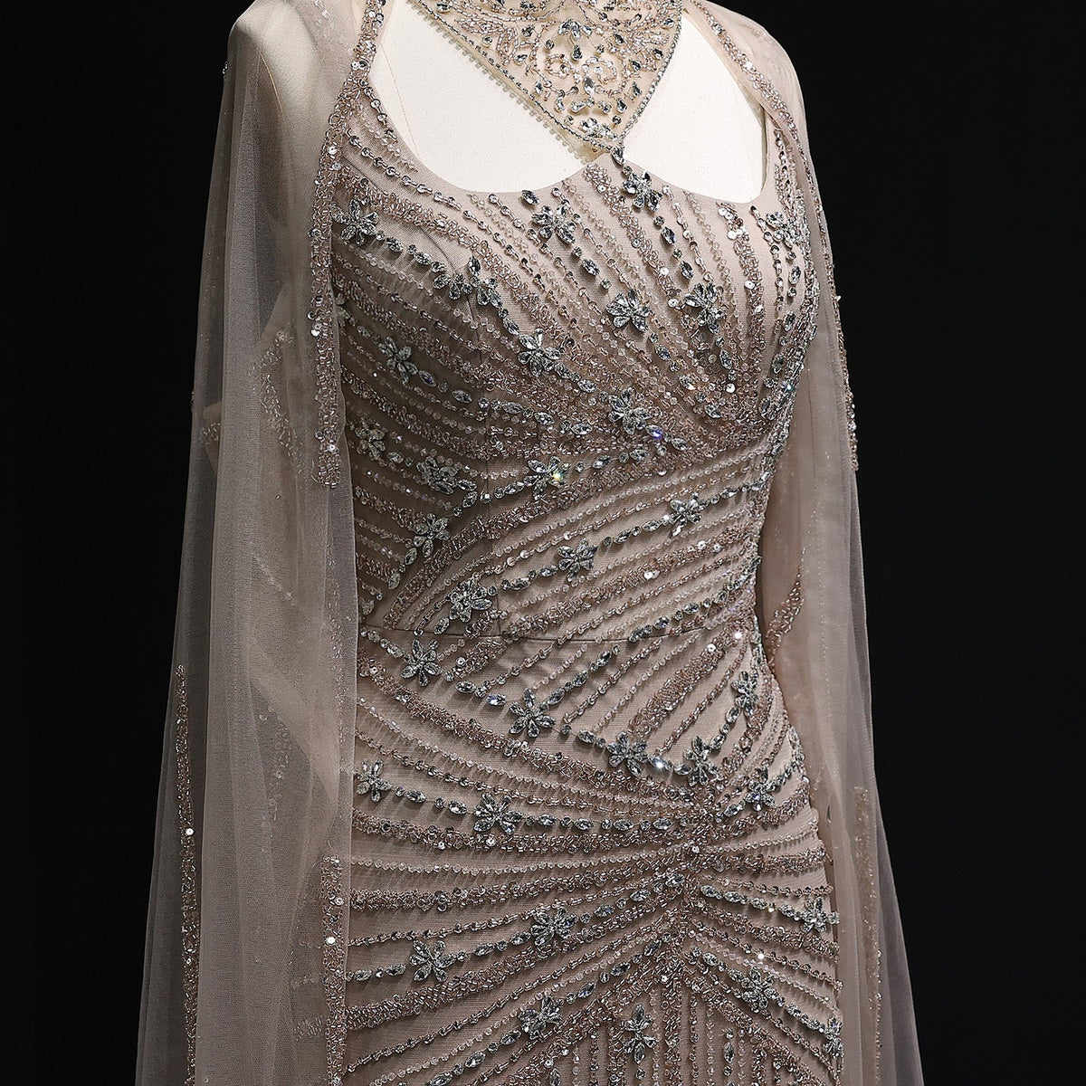 Luxury Champagne Beaded Mermaid Evening Dress with Cape Sleeves SS149