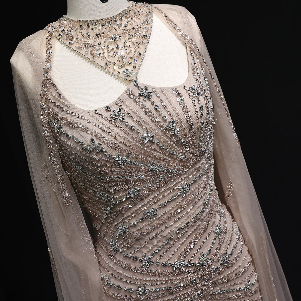 Luxury Champagne Beaded Mermaid Evening Dress with Cape Sleeves SS149