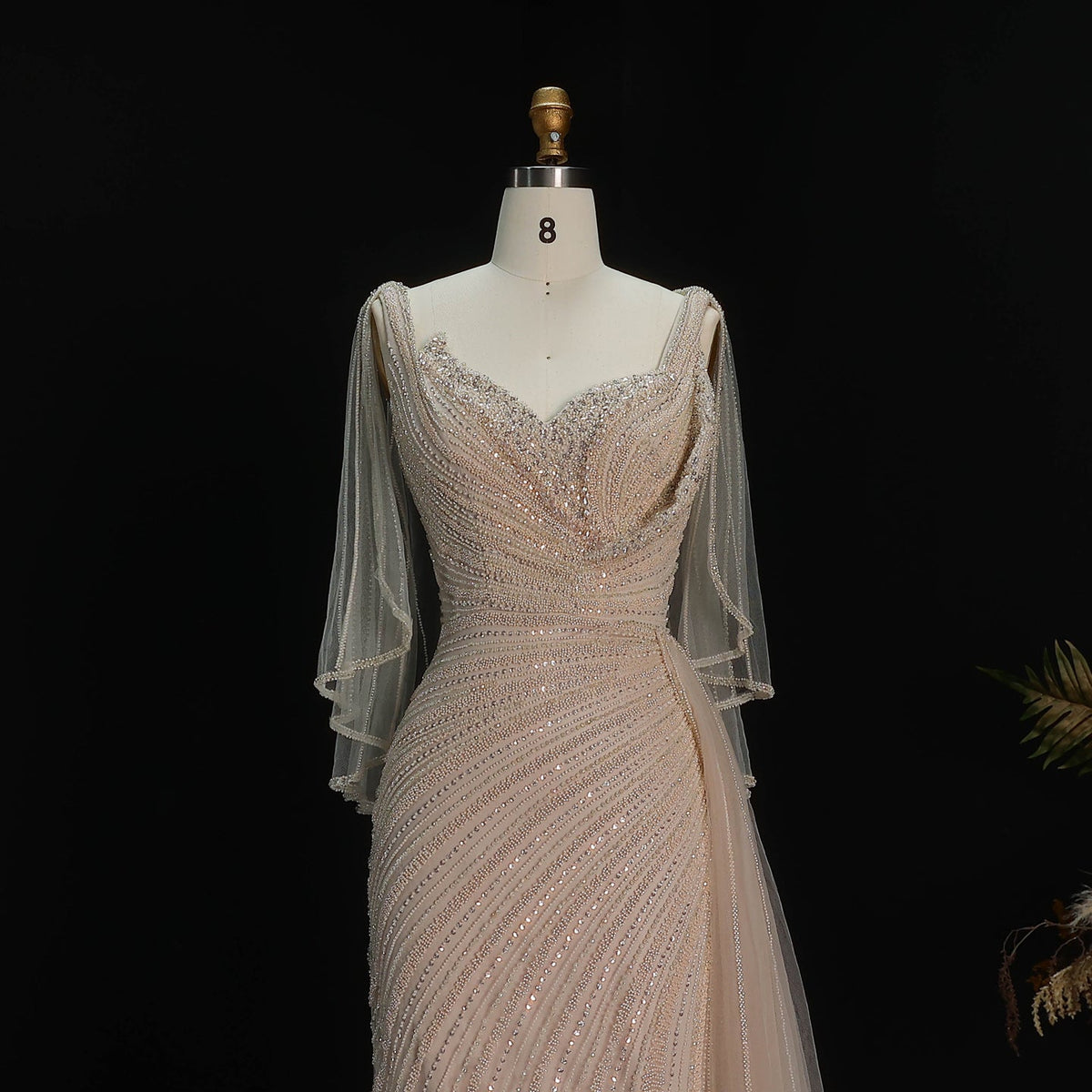 Elegant Champagne V-Neck Beaded Evening Dress with Cape Sleeves SS063 