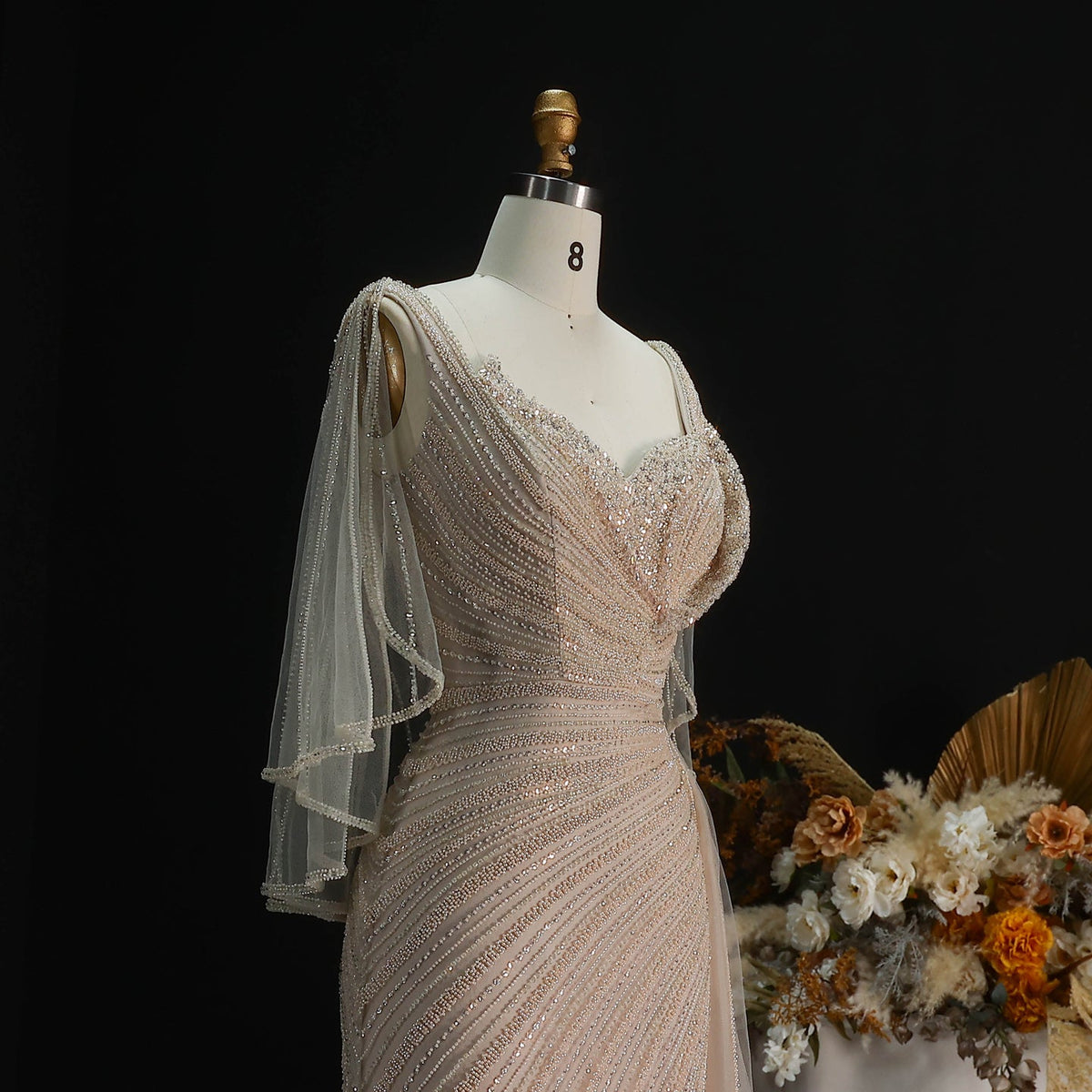 Elegant Champagne V-Neck Beaded Evening Dress with Cape Sleeves SS063 