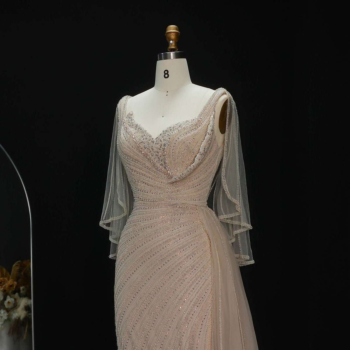 Elegant Champagne V-Neck Beaded Evening Dress with Cape Sleeves SS063 