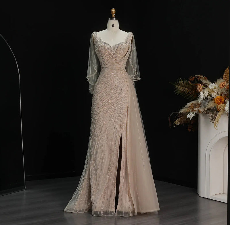 Elegant Champagne V-Neck Beaded Evening Dress with Cape Sleeves SS063 