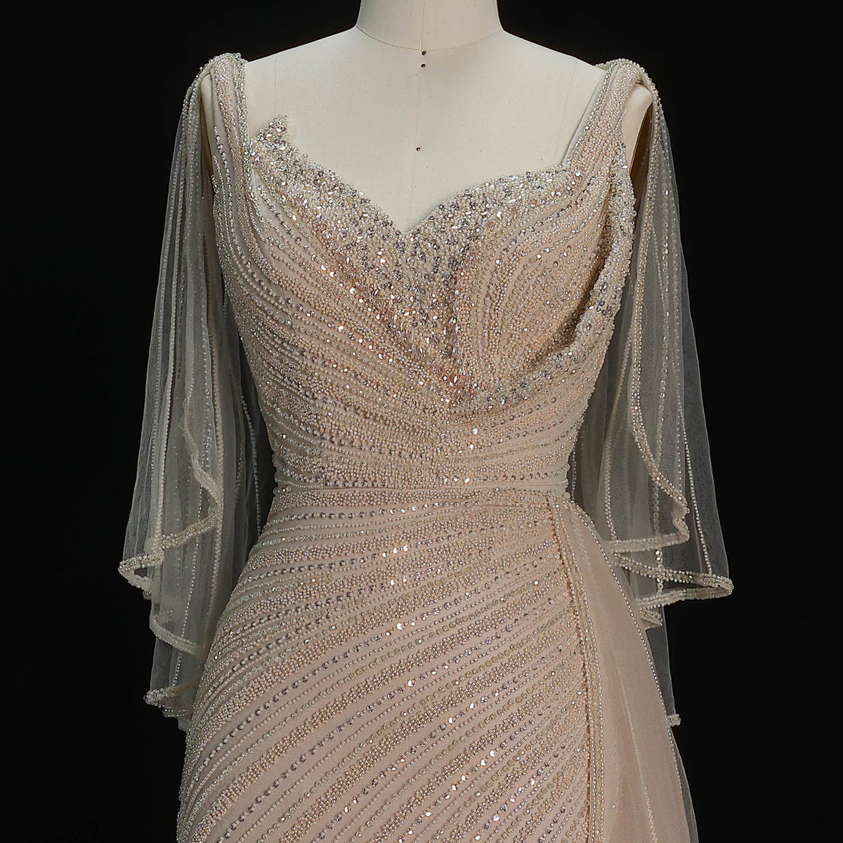 Elegant Champagne V-Neck Beaded Evening Dress with Cape Sleeves SS063 