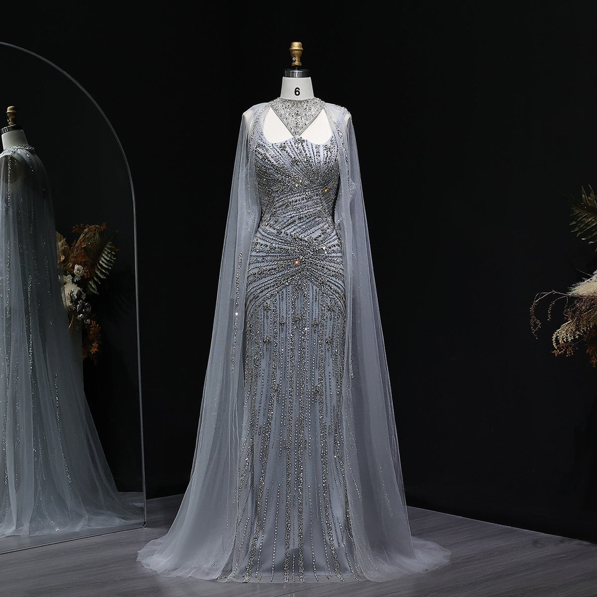 Luxury Champagne Beaded Mermaid Evening Dress with Cape Sleeves SS149  Gray / US 18