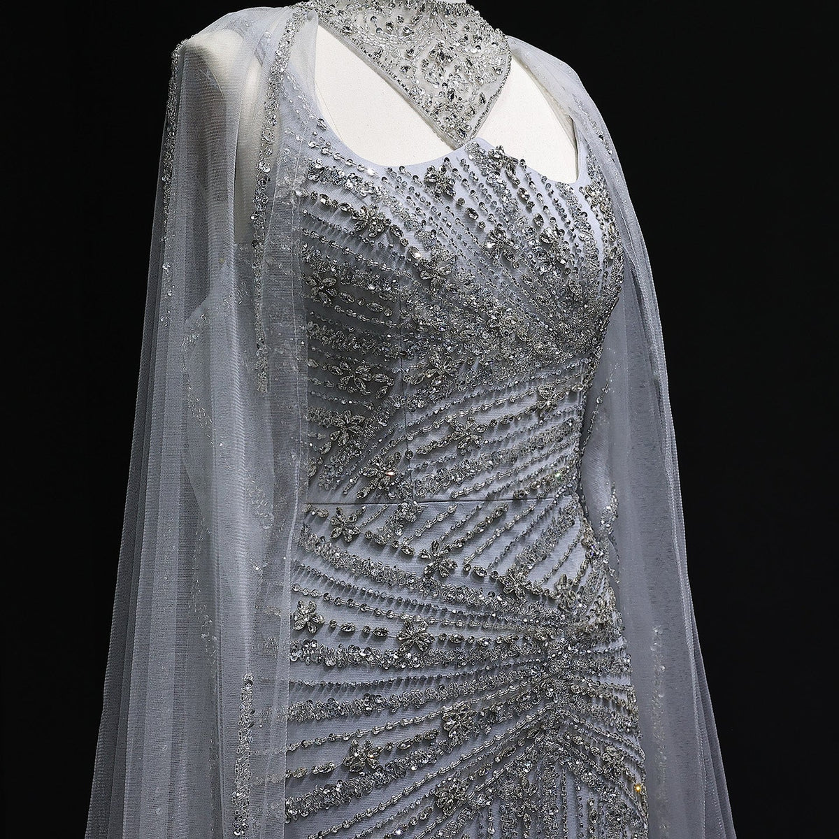 Luxury Champagne Beaded Mermaid Evening Dress with Cape Sleeves SS149