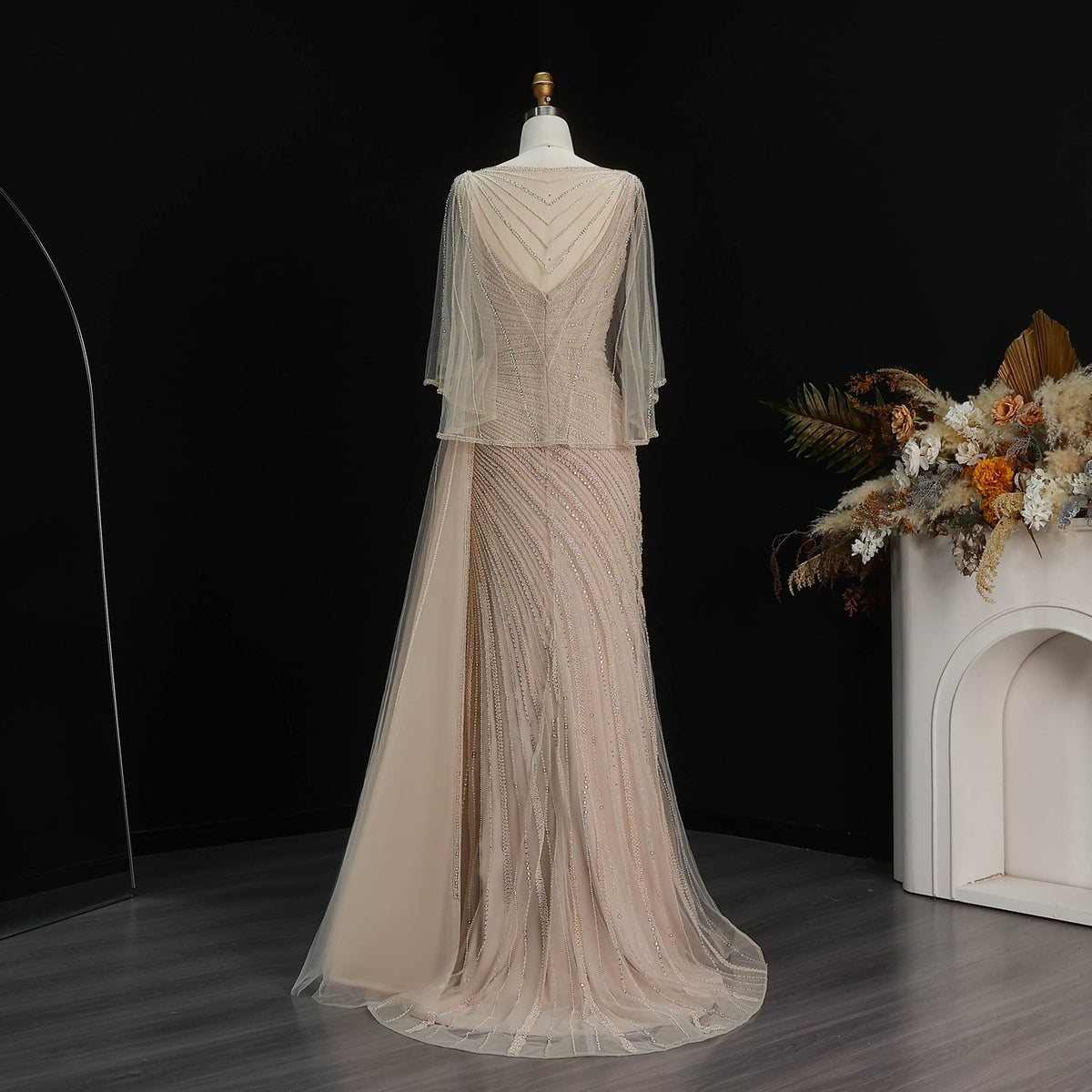 Elegant Champagne V-Neck Beaded Evening Dress with Cape Sleeves SS063 