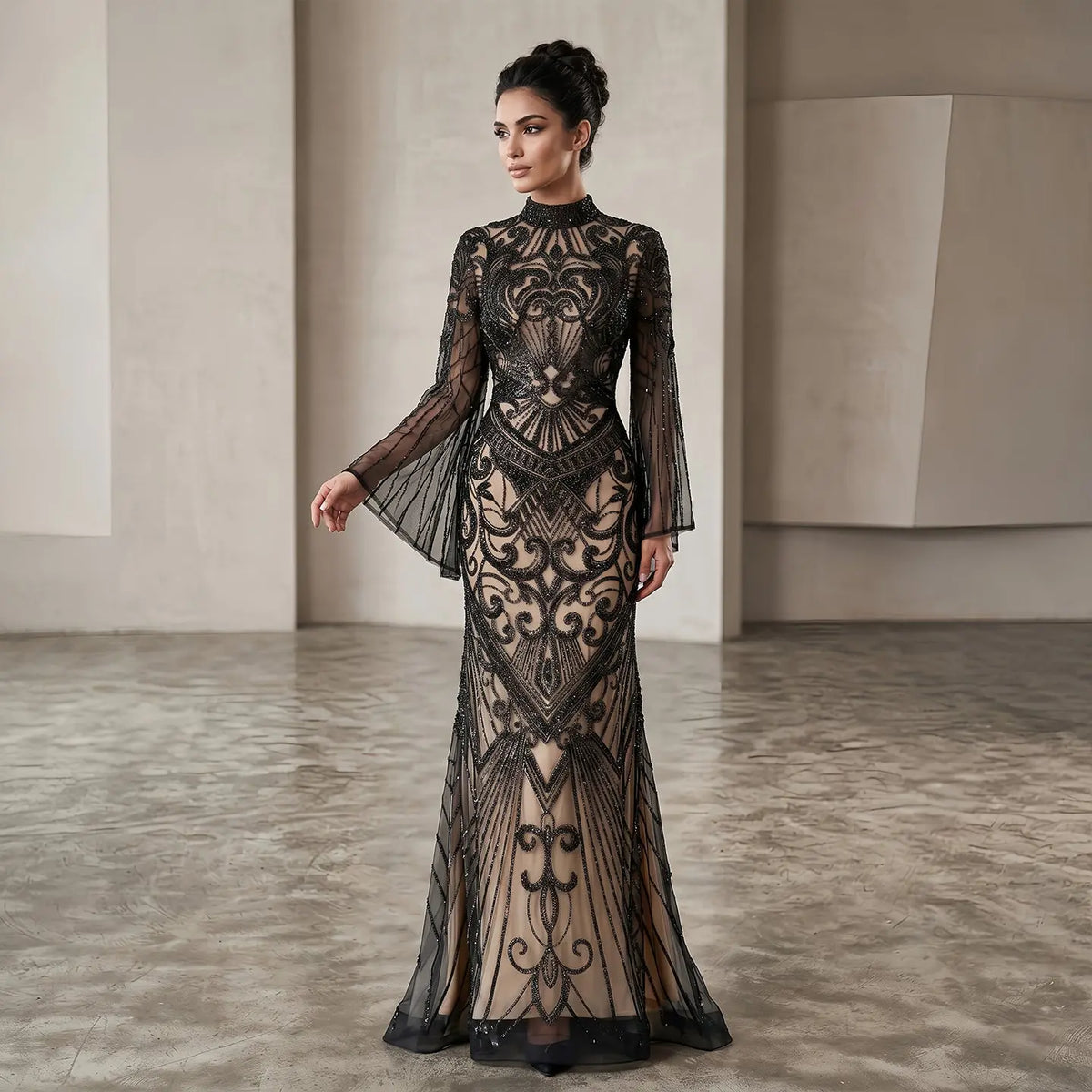 Glamorous Black High Neck Beaded Mermaid Evening Dress SS055