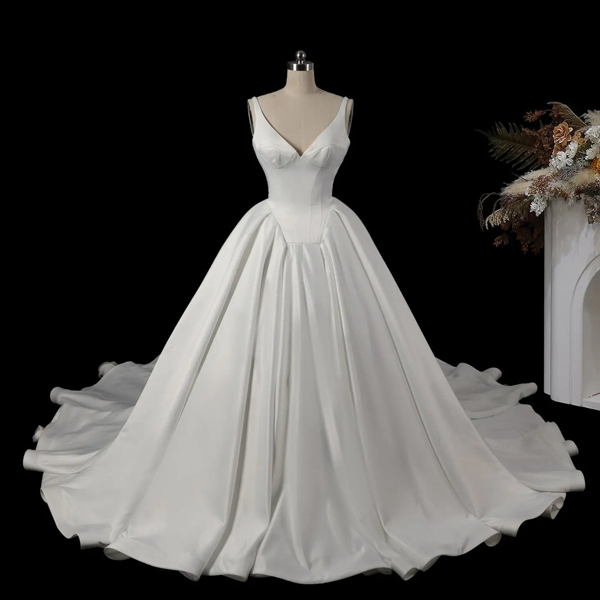 White Satin V Neck Ball Gown Wedding Dress SW749