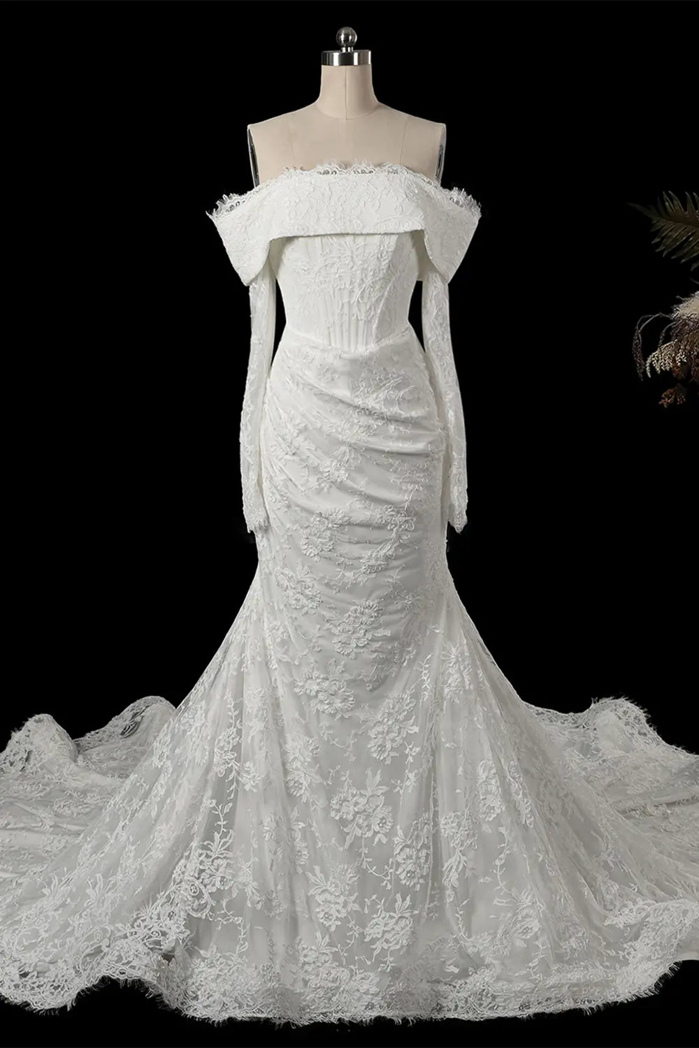White Long Sleeve Mermaid Cathedral Gown SW674