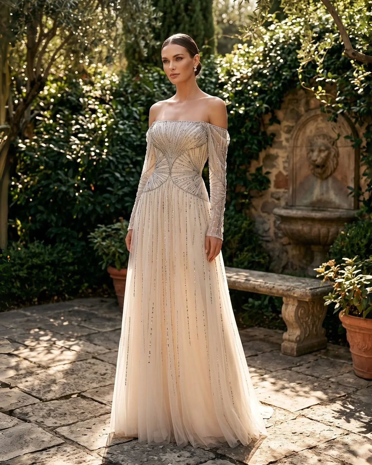 Beige Beaded Off Shoulder Tulle Evening Dress SS507