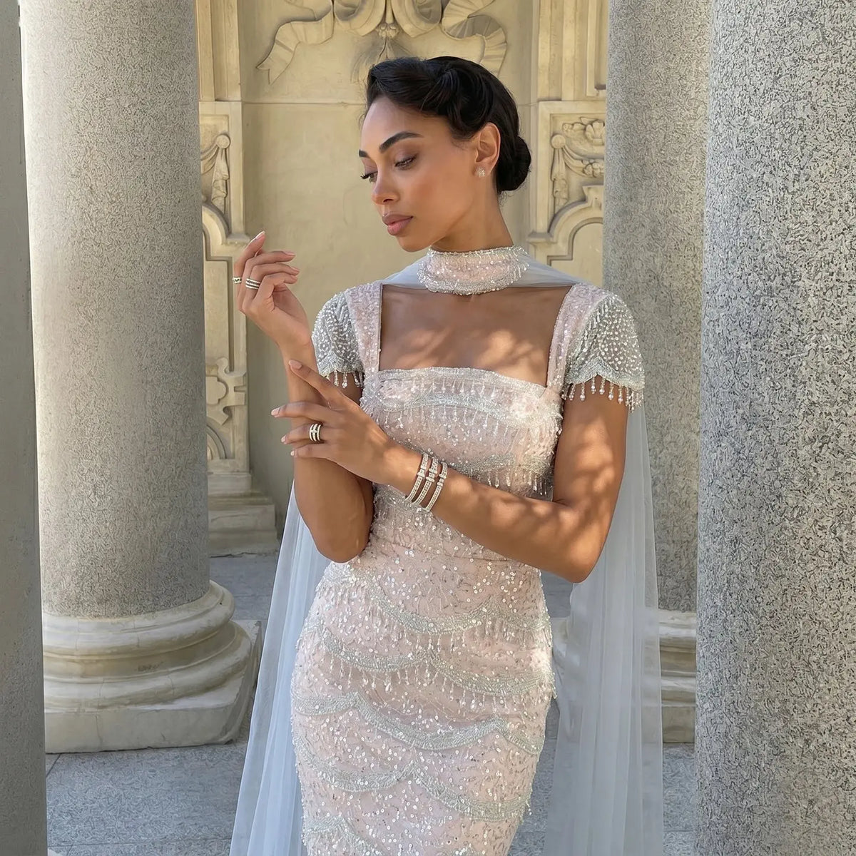 sheer dress overlay white Lizet Strapless Mini Dress with Sheer Maxi Overlay
