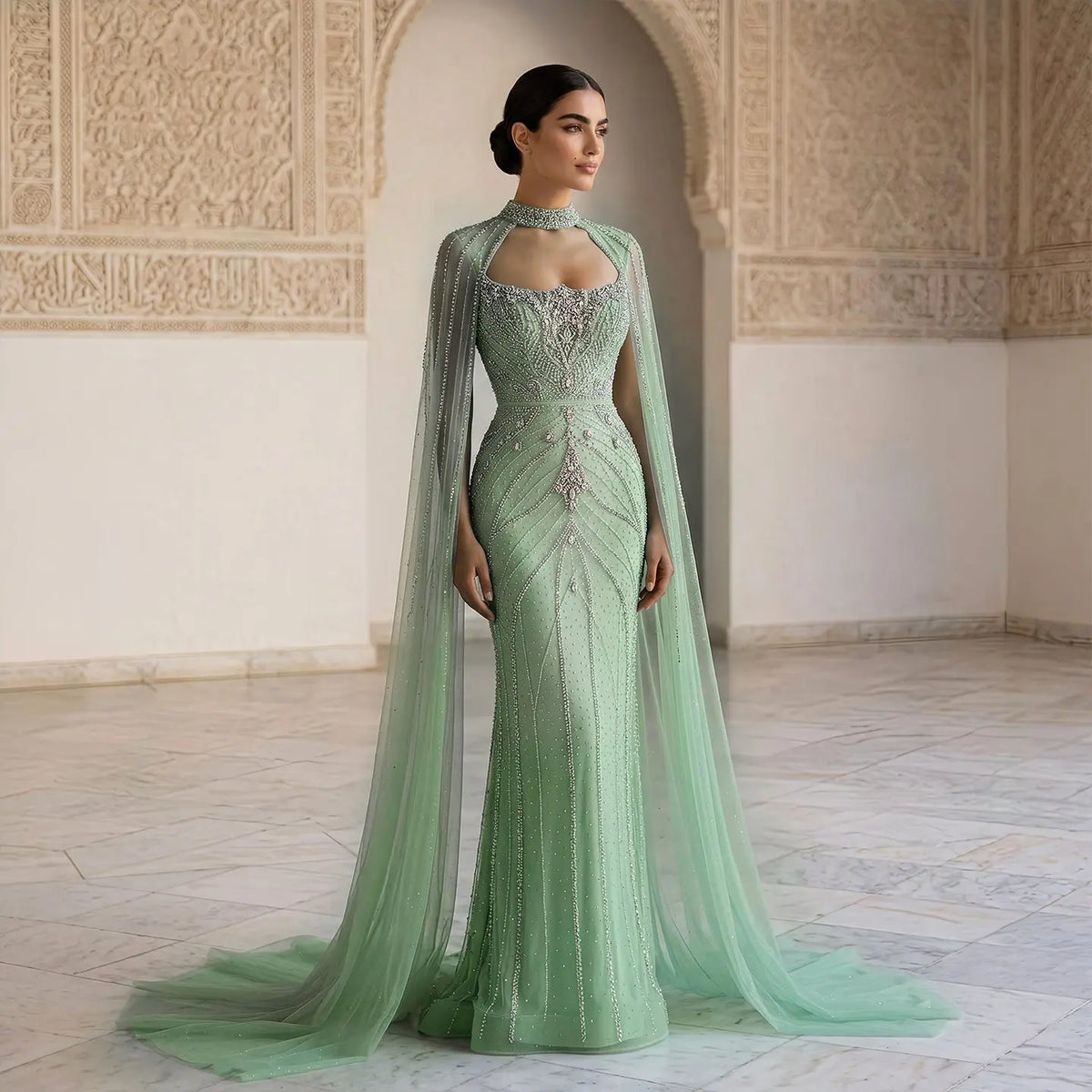 Luxury Champagne Halter Neck Cape Sleeve Beaded Evening Dress SS131 Luxury Champagne Halter Neck Cape Sleeve Beaded Evening Dress SS131