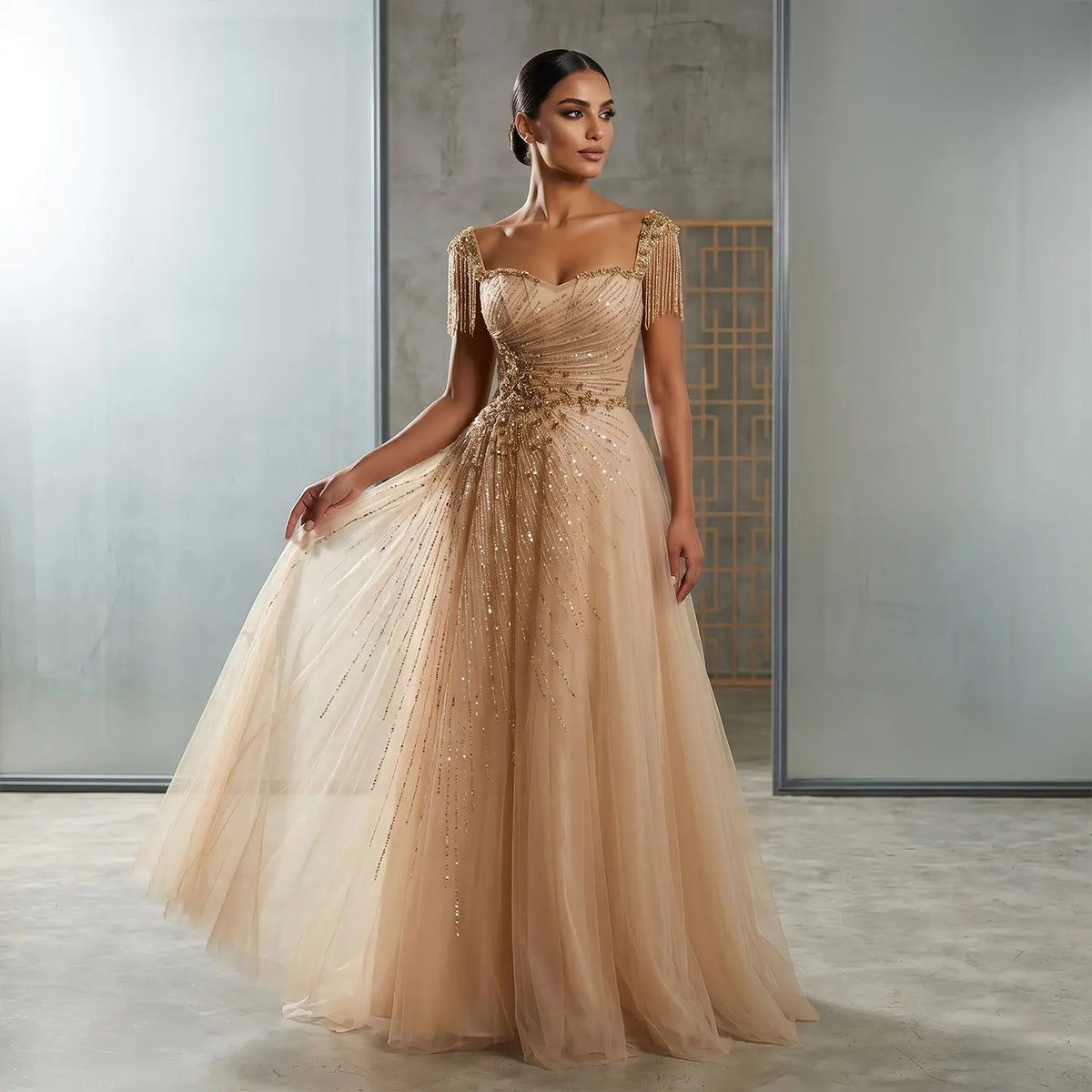 Luxury Blue Tassel Beaded Tulle A-Line Evening Dress SS058 