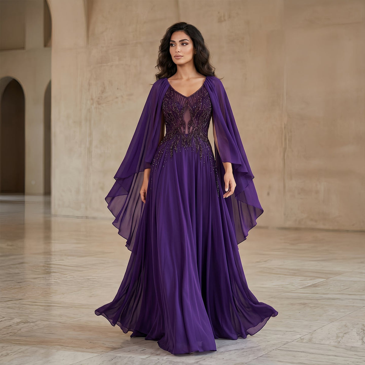 Luxury Purple V-Neck Beaded Chiffon Evening Dress with Cape Sleeves SS053 