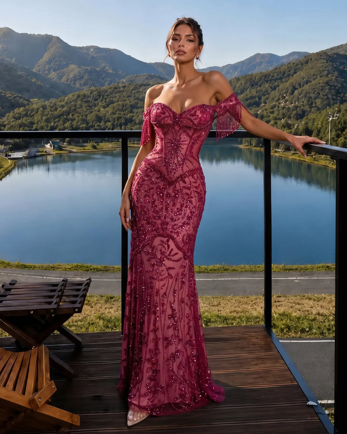 Fuchsia Beaded Tassel Off Shoulder Evening Dress SS516