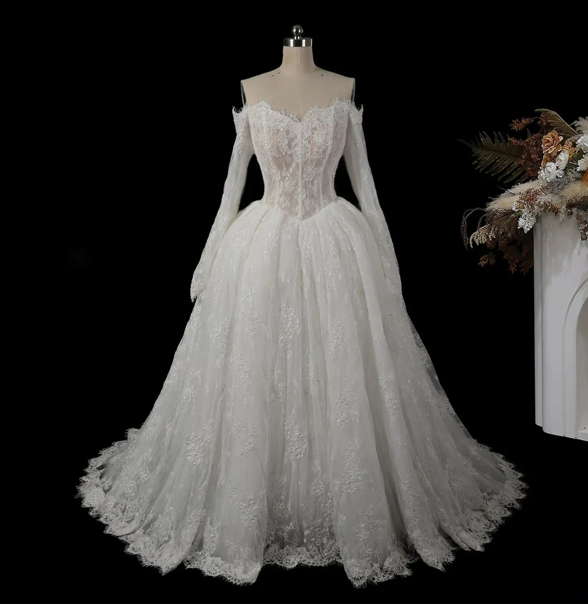 White Off Shoulder Lace Ball Gown Dress SW748