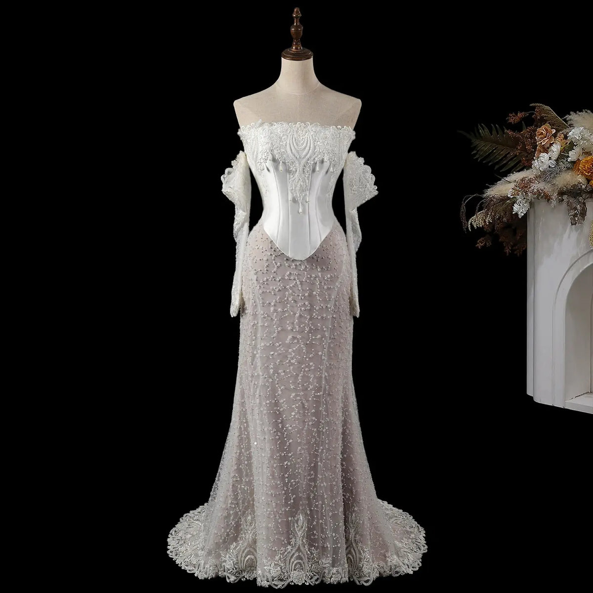 White Beaded Mermaid Dress with Sleeves SW762