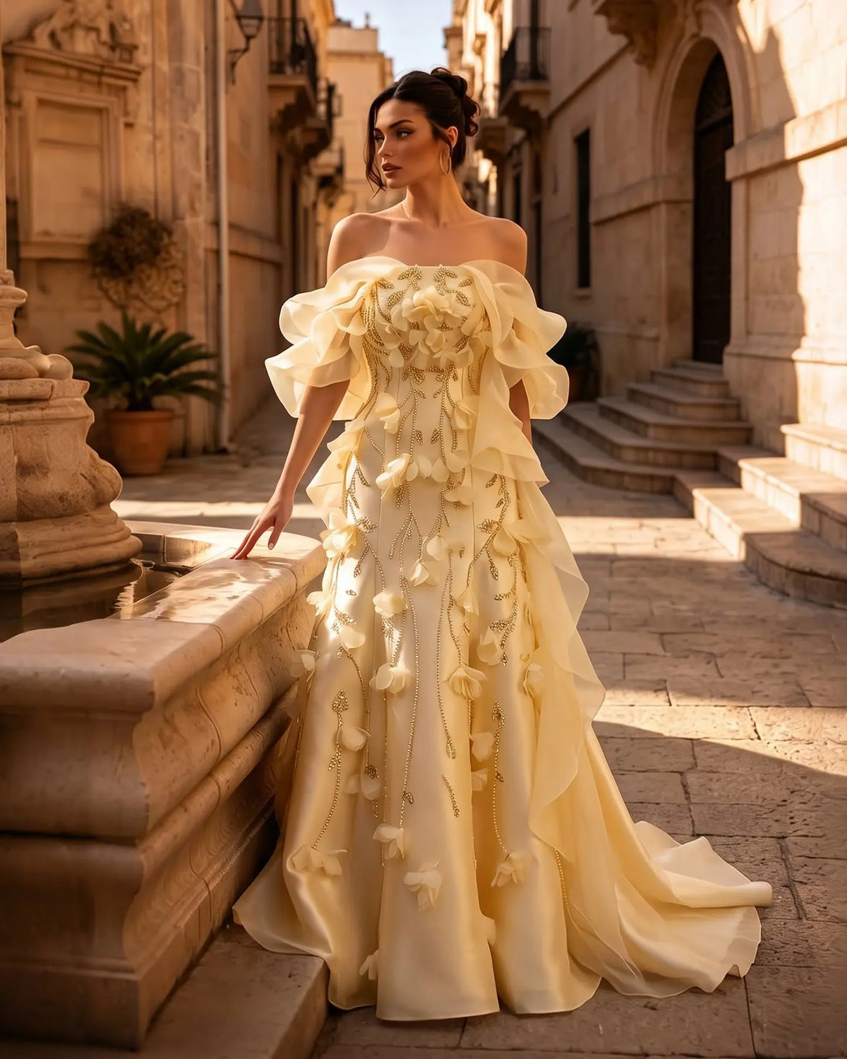 Yellow Off Shoulder 3D Floral Evening Dress SS505