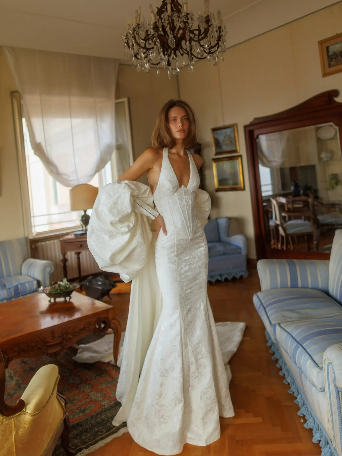 Elegant Halter Neck Puff Sleeve Mermaid Wedding Dress with Train SW188 