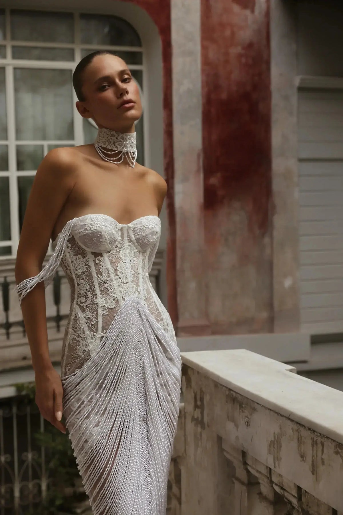 Elegant Ivory Sheer Lace Sweetheart Neck Fringe Mermaid Wedding Dress with Choker SW179