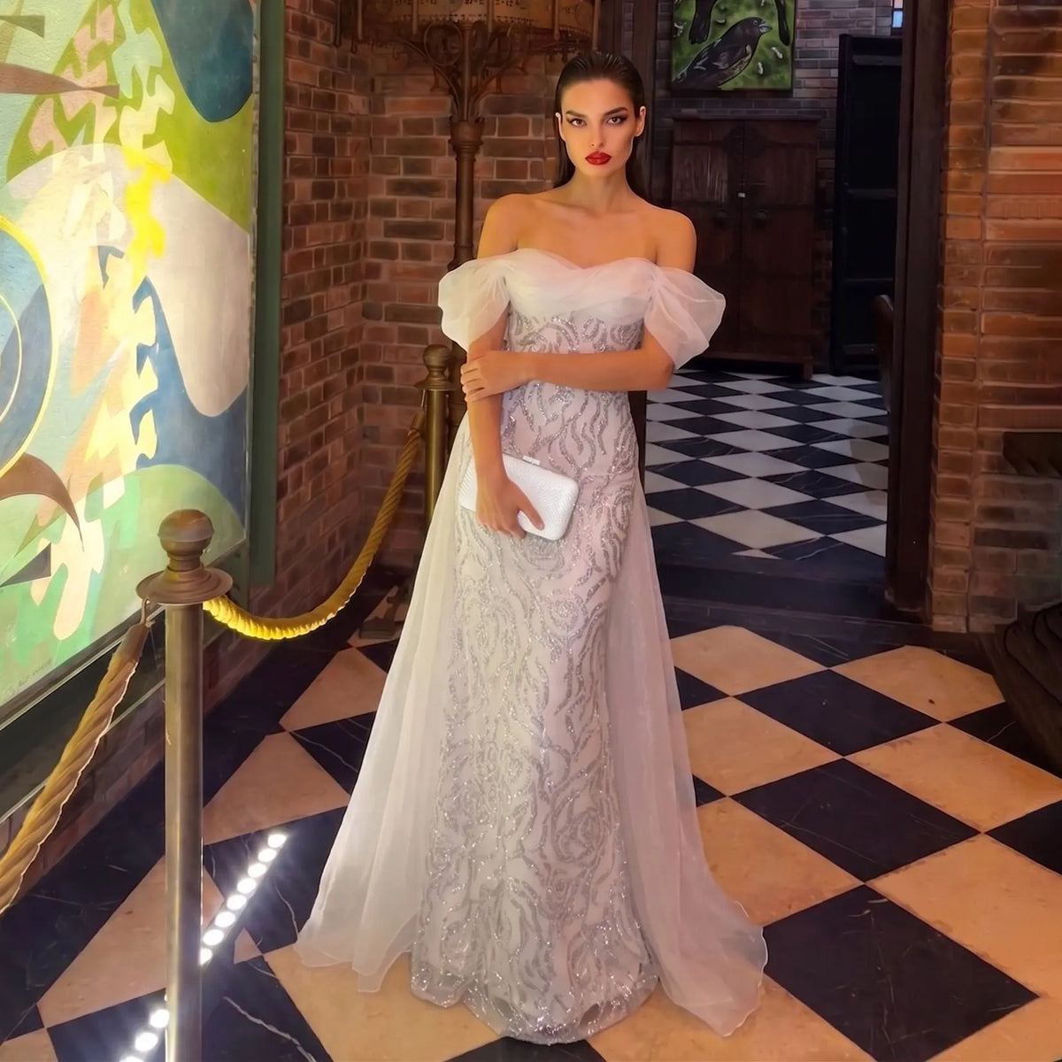 elegant white evening dresses Elegant White Off-Shoulder Beaded Mermaid Evening Dress with Sheer Tul – SHARONSAID