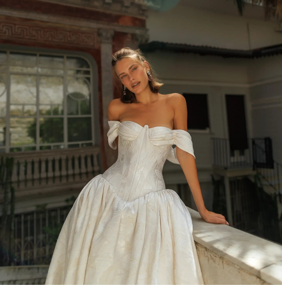 Romantic Satin Off-the-Shoulder Ball Gown Wedding Dress with Train SW181 