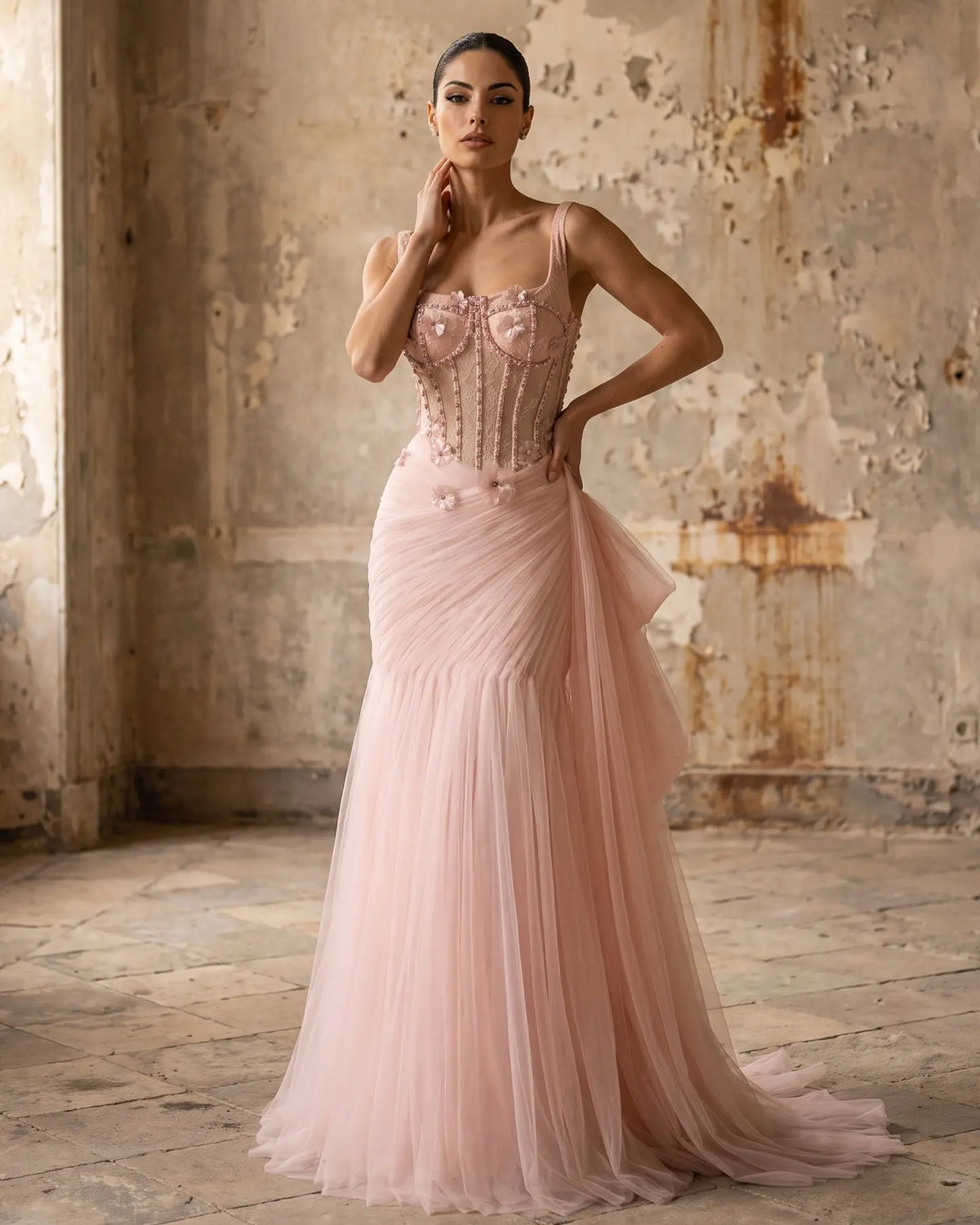 Pink Beaded Bustier Mermaid Evening Gown SS671