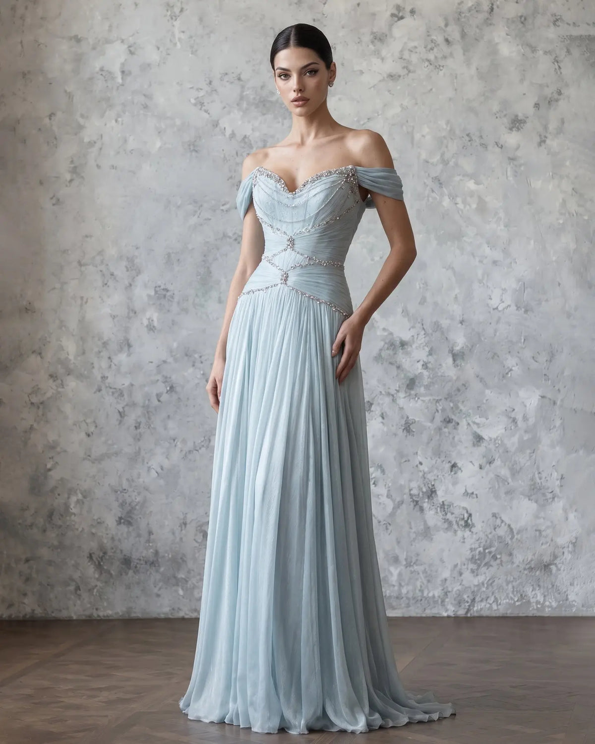 Aqua Off-Shoulder Crystal A-Line Evening Dress SS673