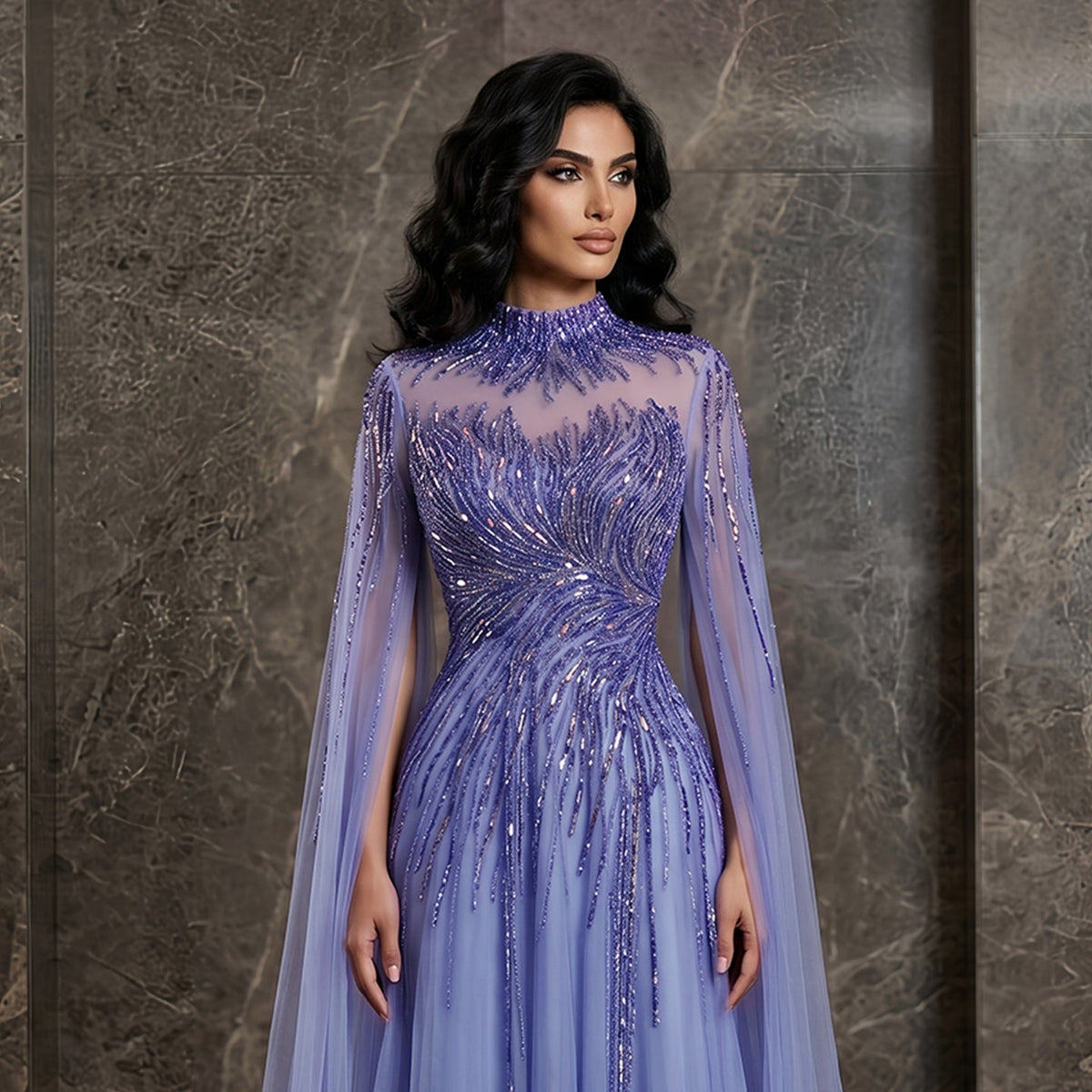 Luxury Blue High Neck Beaded Evening Dress with Cape Sleeve SS134 