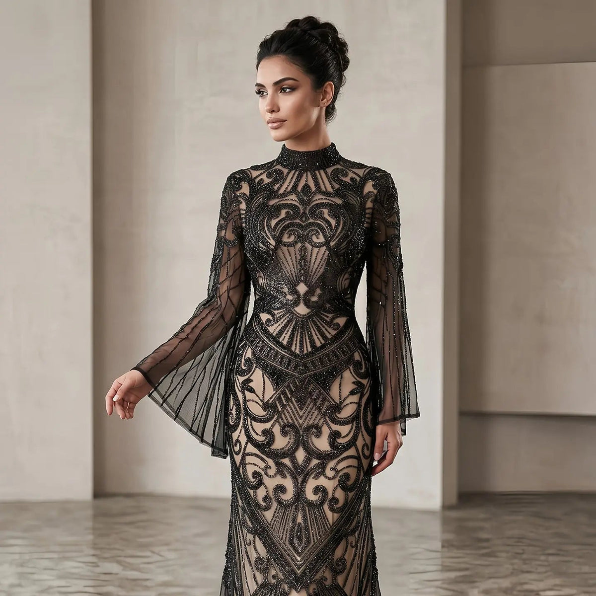 Glamorous Black High Neck Beaded Mermaid Evening Dress SS055 