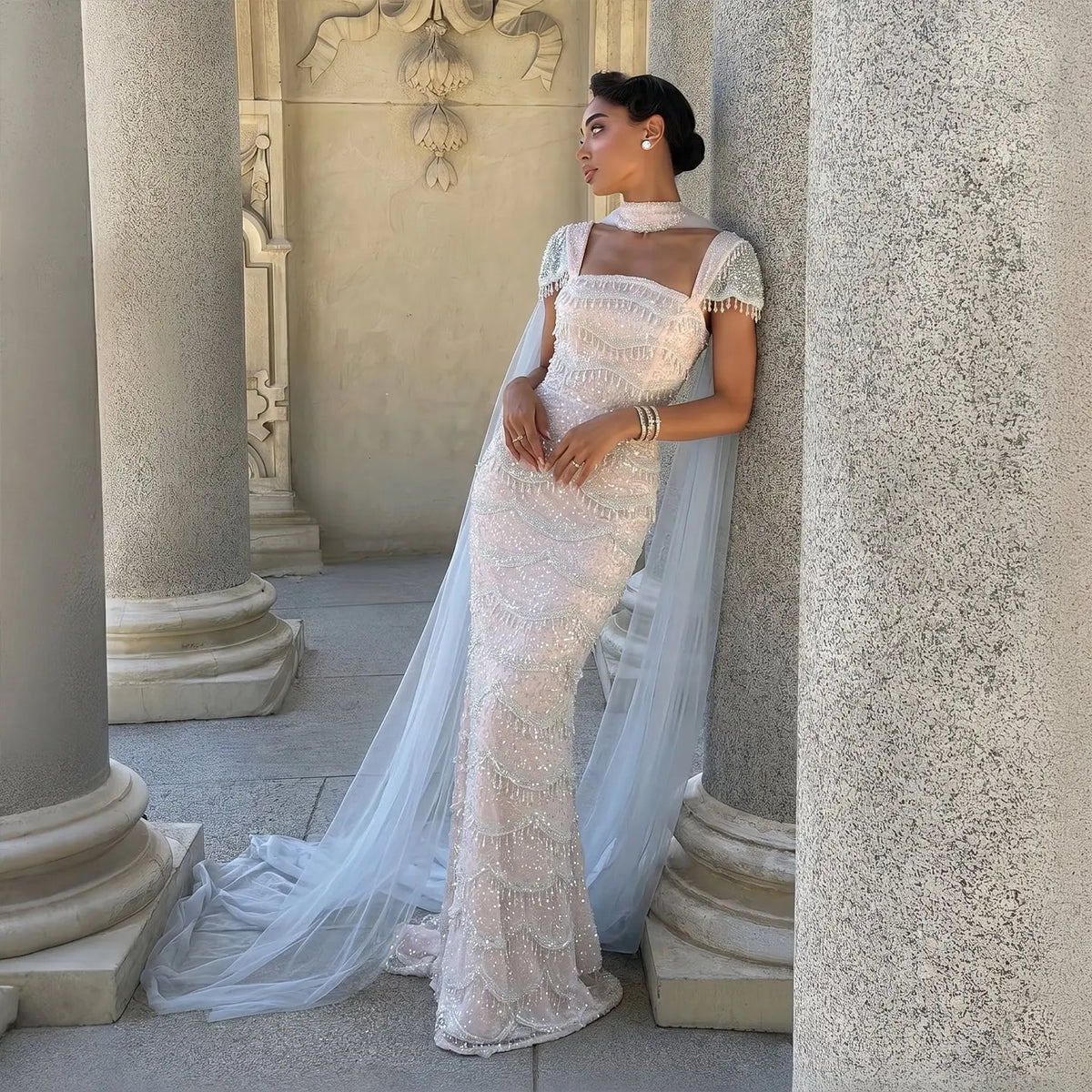 white mermaid prom dress with sleeves Luxury White Nude Mermaid Evening Dress with Cape Sleeves SS668, Pink / 12