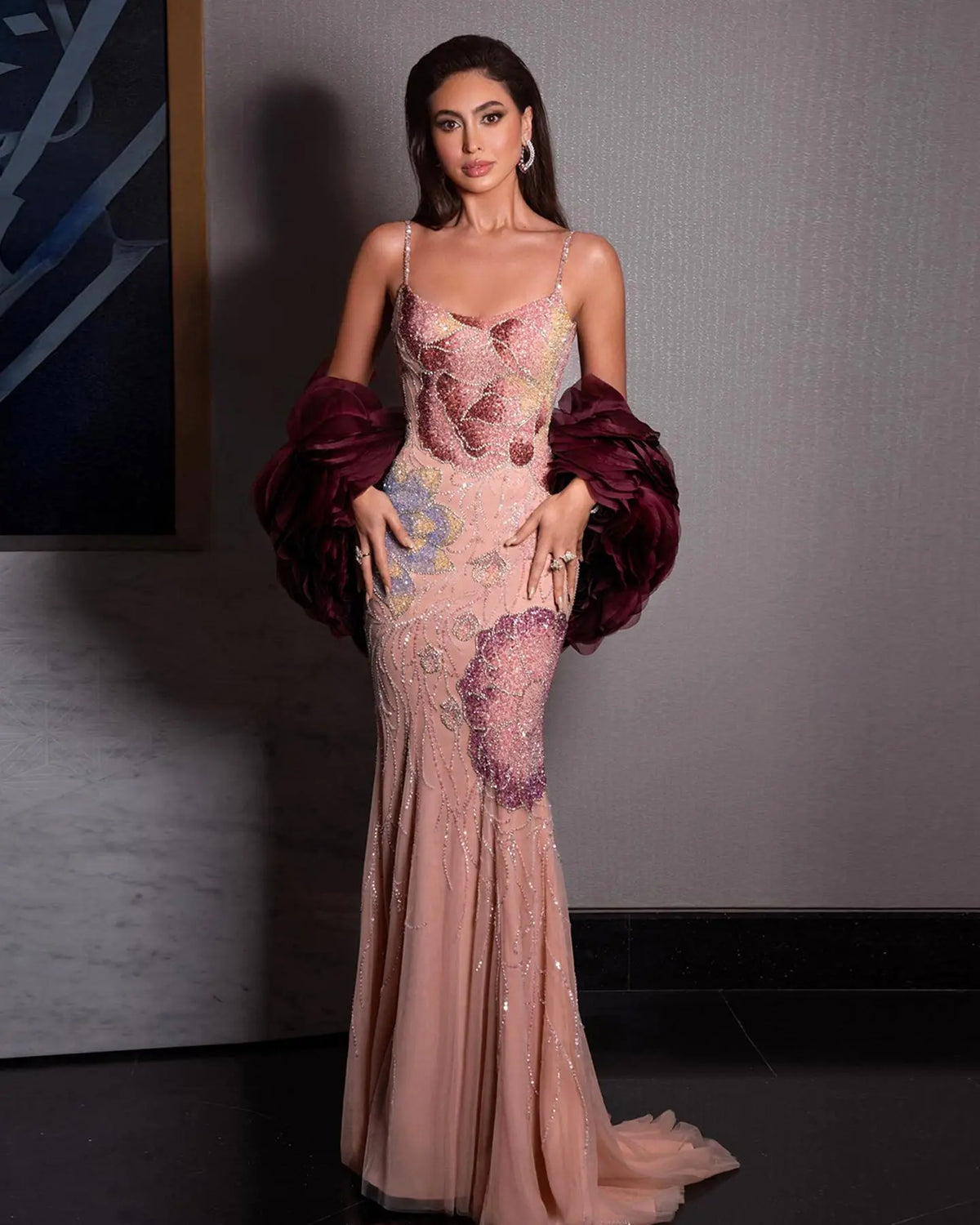 Pink Floral Beaded Evening Dress Shawl SS515