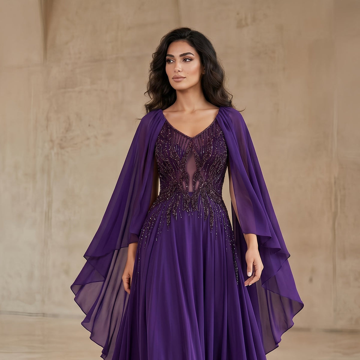 Luxury Purple V-Neck Beaded Chiffon Evening Dress with Cape Sleeves SS053 