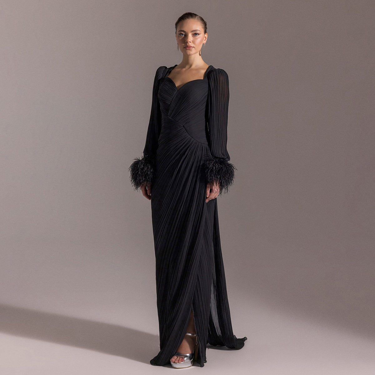 Luxury Feather Fuchsia Long Sleeves Evening Dress with Feathers and Overskirt SF411 