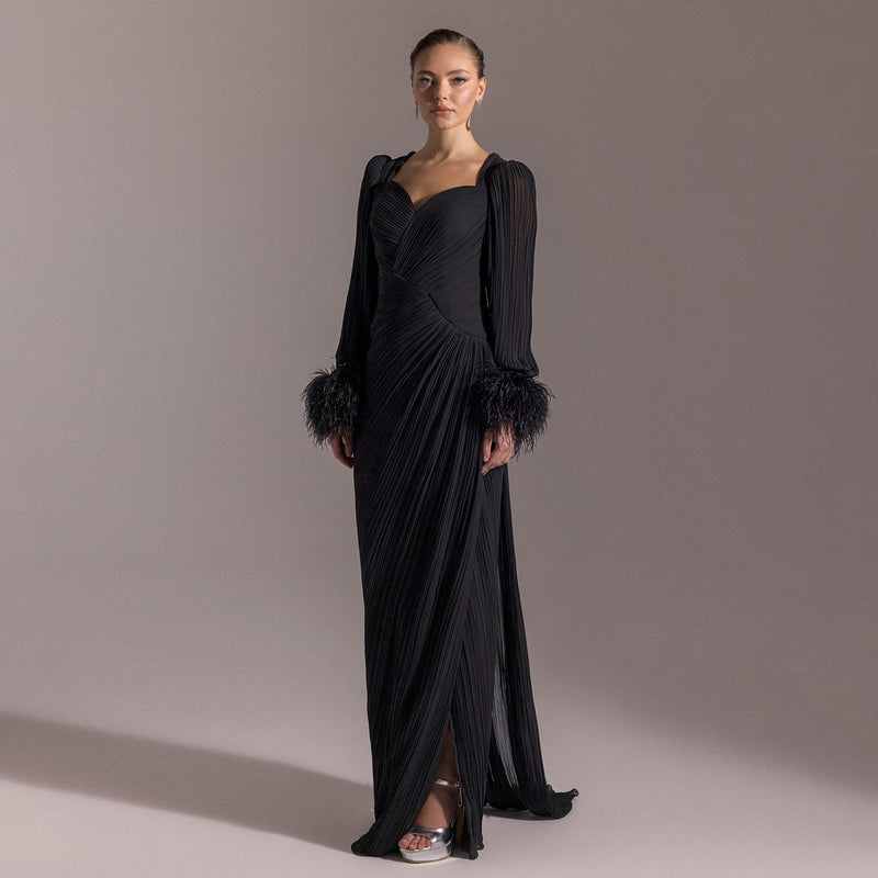 Luxury Feather Fuchsia Long Sleeves Evening Dress with Feathers and Overskirt SF411 