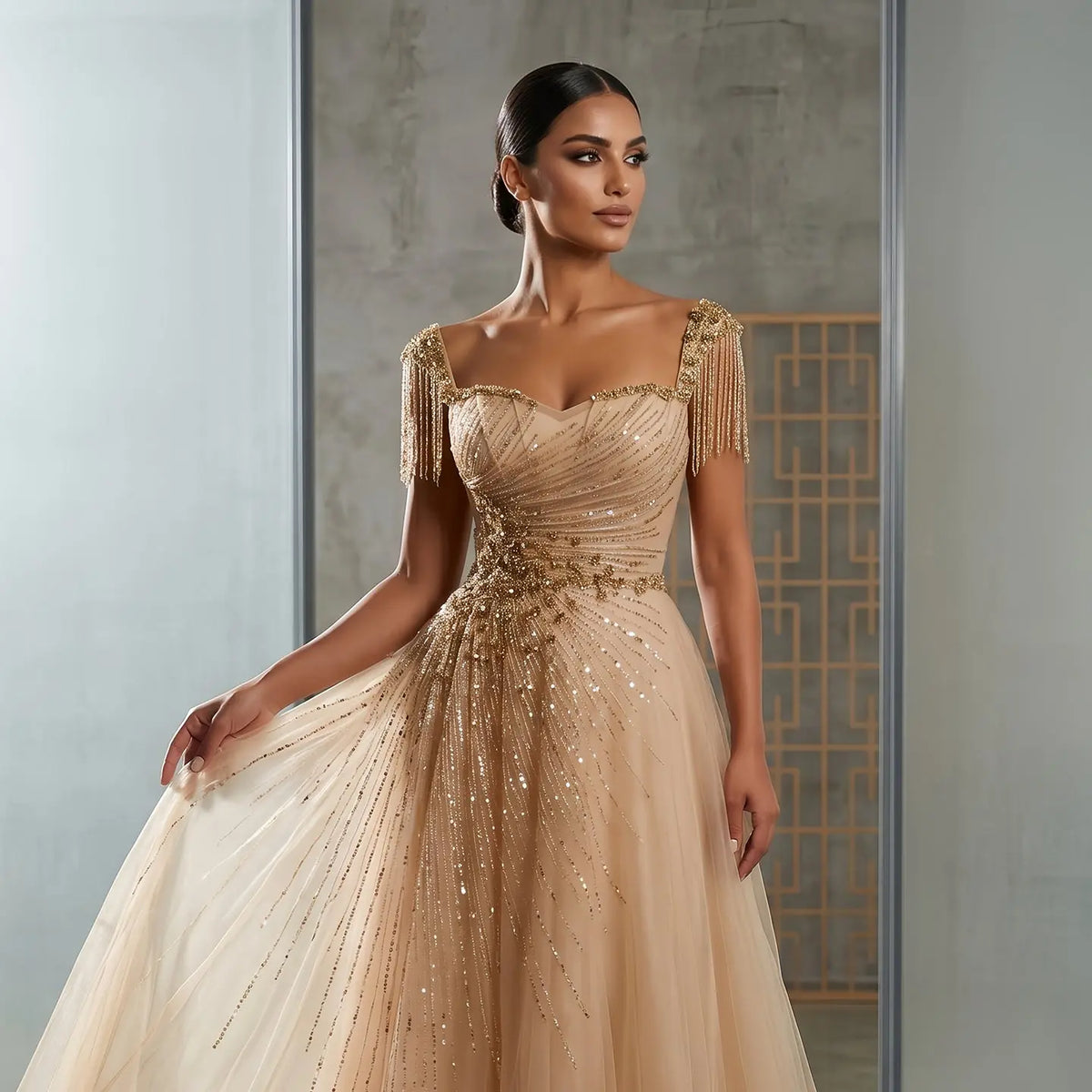 Luxury Blue Tassel Beaded Tulle A-Line Evening Dress SS058 