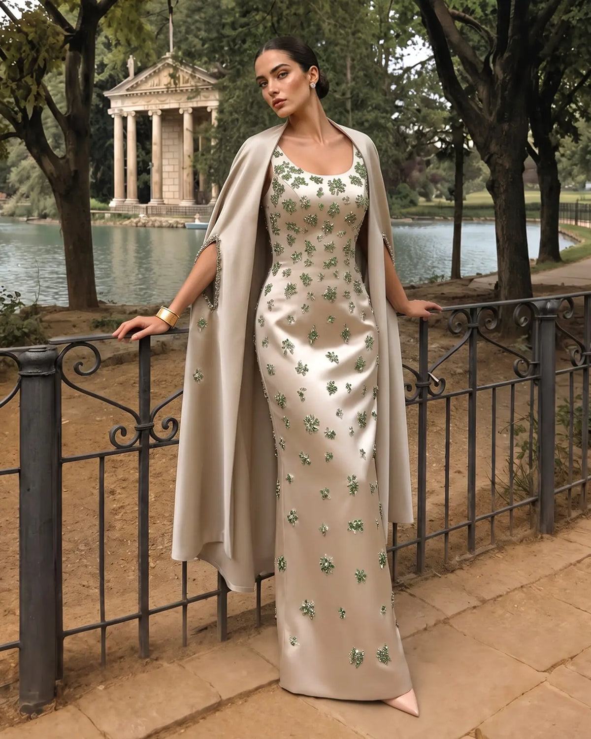 Chic Sage Green 3D Floral Beaded Evening Dress with Cape SS536
