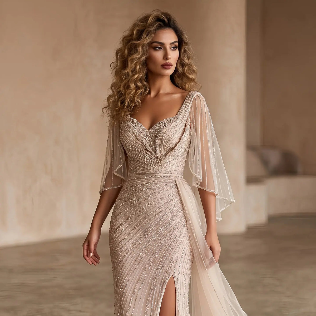 Elegant Champagne V-Neck Beaded Evening Dress with Cape Sleeves SS063