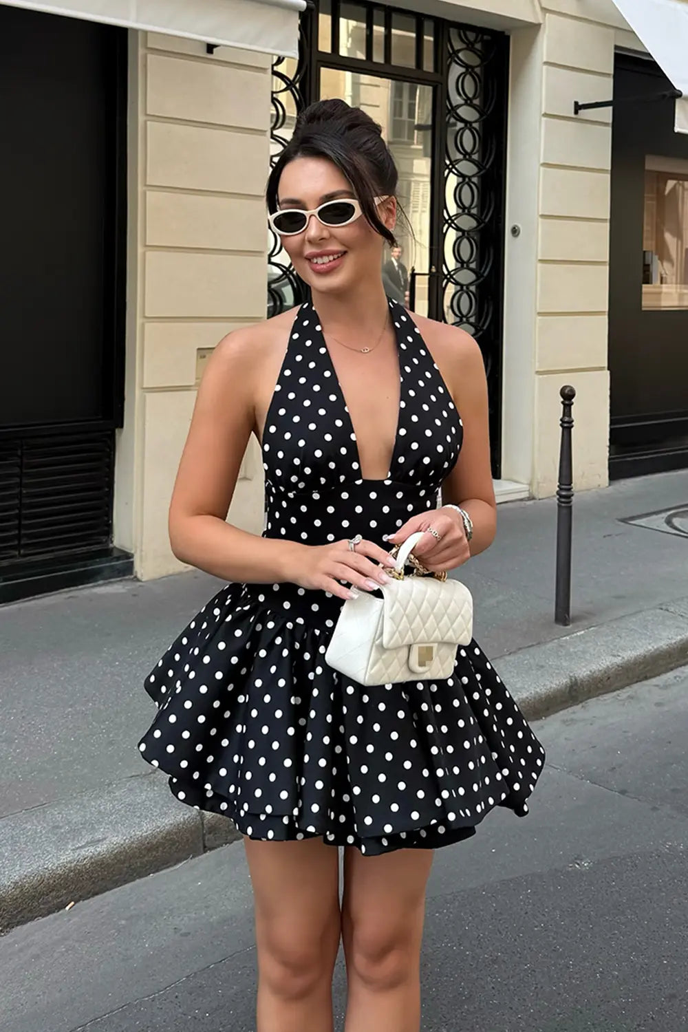 Black Polka Dot Halter Tiered Ruffle Mini Homecoming Dress RM253