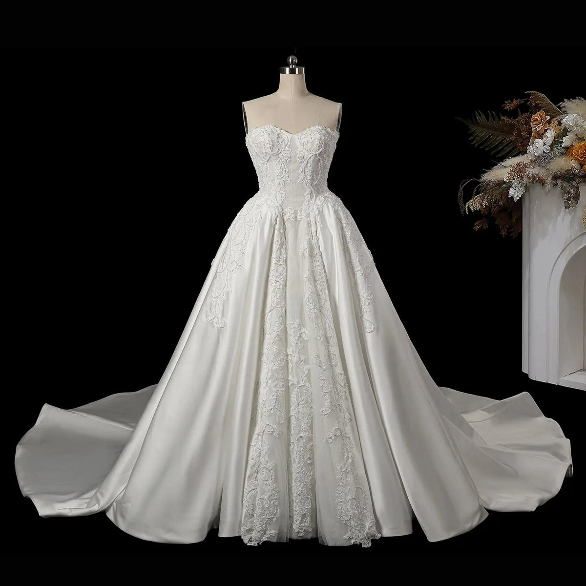 White Satin Strapless Sweetheart Lace Ball Gown SW743