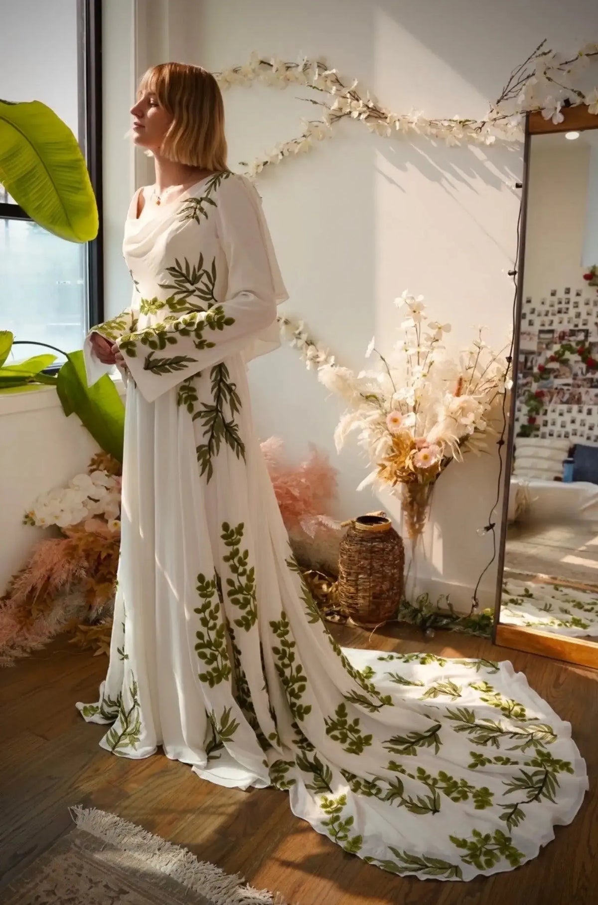 Luxury White & Green Botanical Print Cape Boho Train Wedding Dress SW642 Luxury White & Green Botanical Print Cape Boho Train Wedding Dress SW642