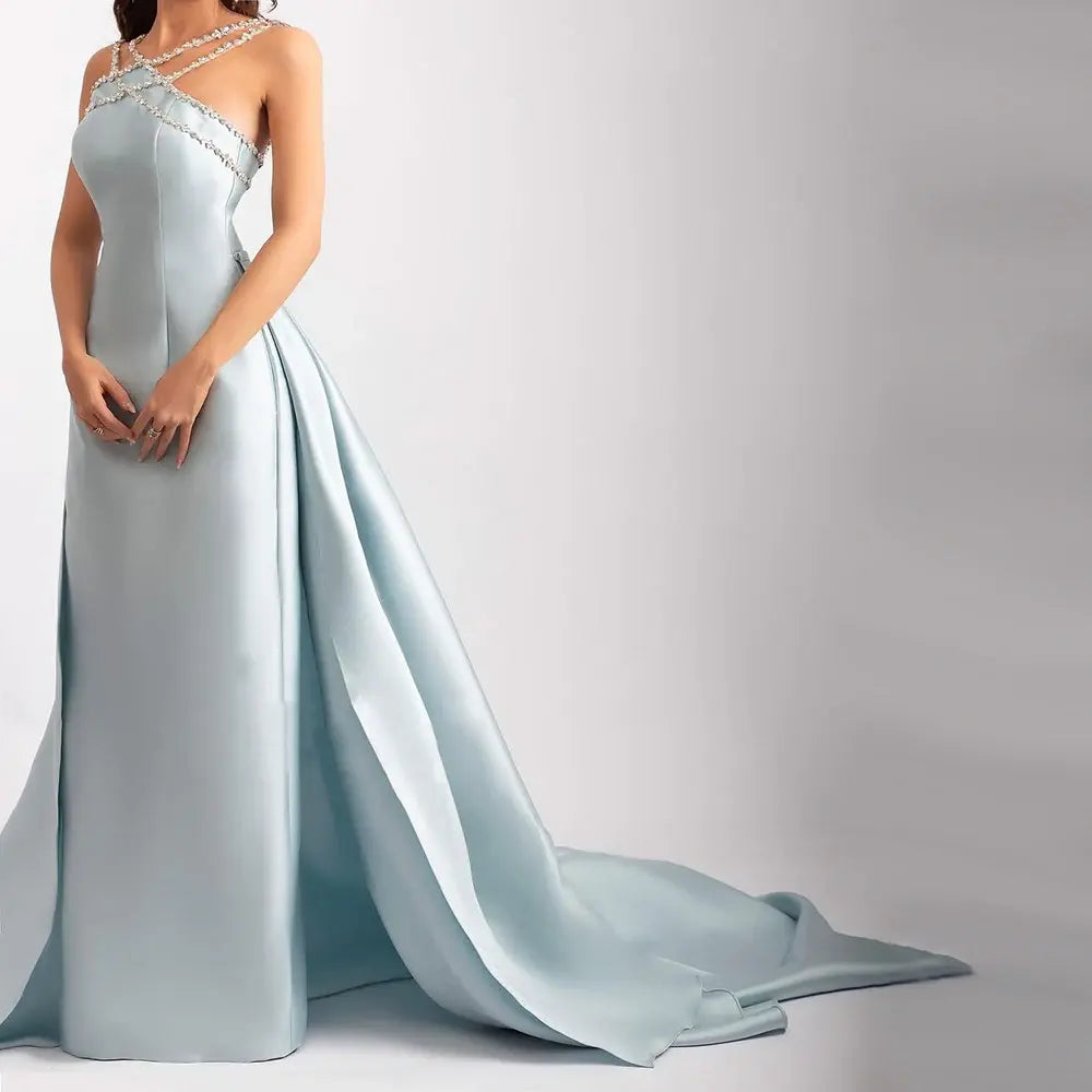 Elegant Light Blue Satin Evening Dress with Overskirt SF048 Elegant Light Blue Satin Evening Dress with Overskirt SF048