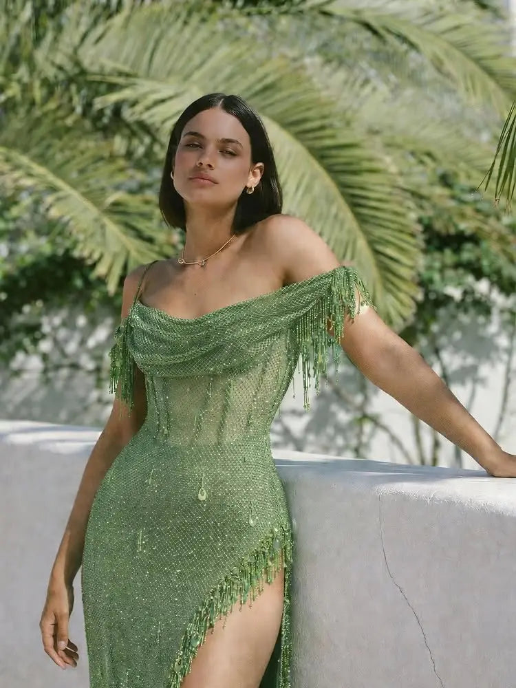 For Sale Luxury Tassel Sage Green Slit Evening Dress SS382 