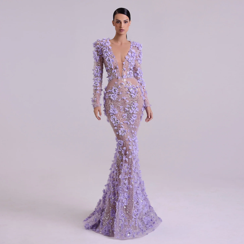 Luxury Lilac 3D Floral Mermaid Evening Dress with Overskirt SS637 