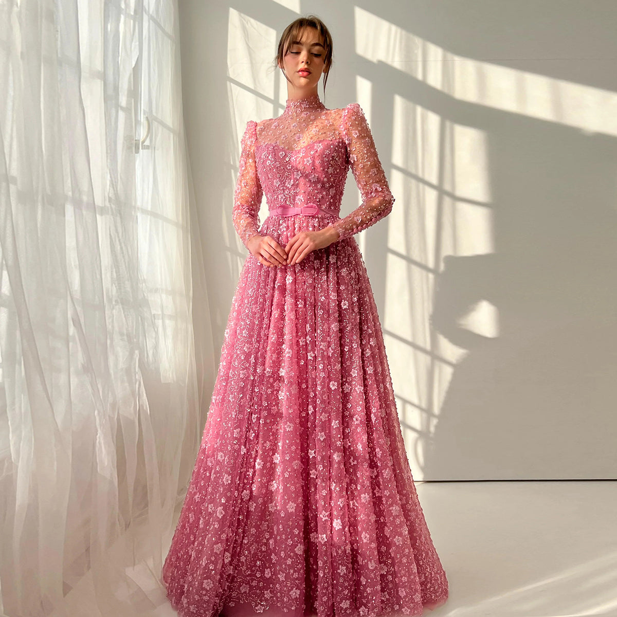 Luxury Delicate Pink 3D Floral Evening Dress with ruffles SS700 