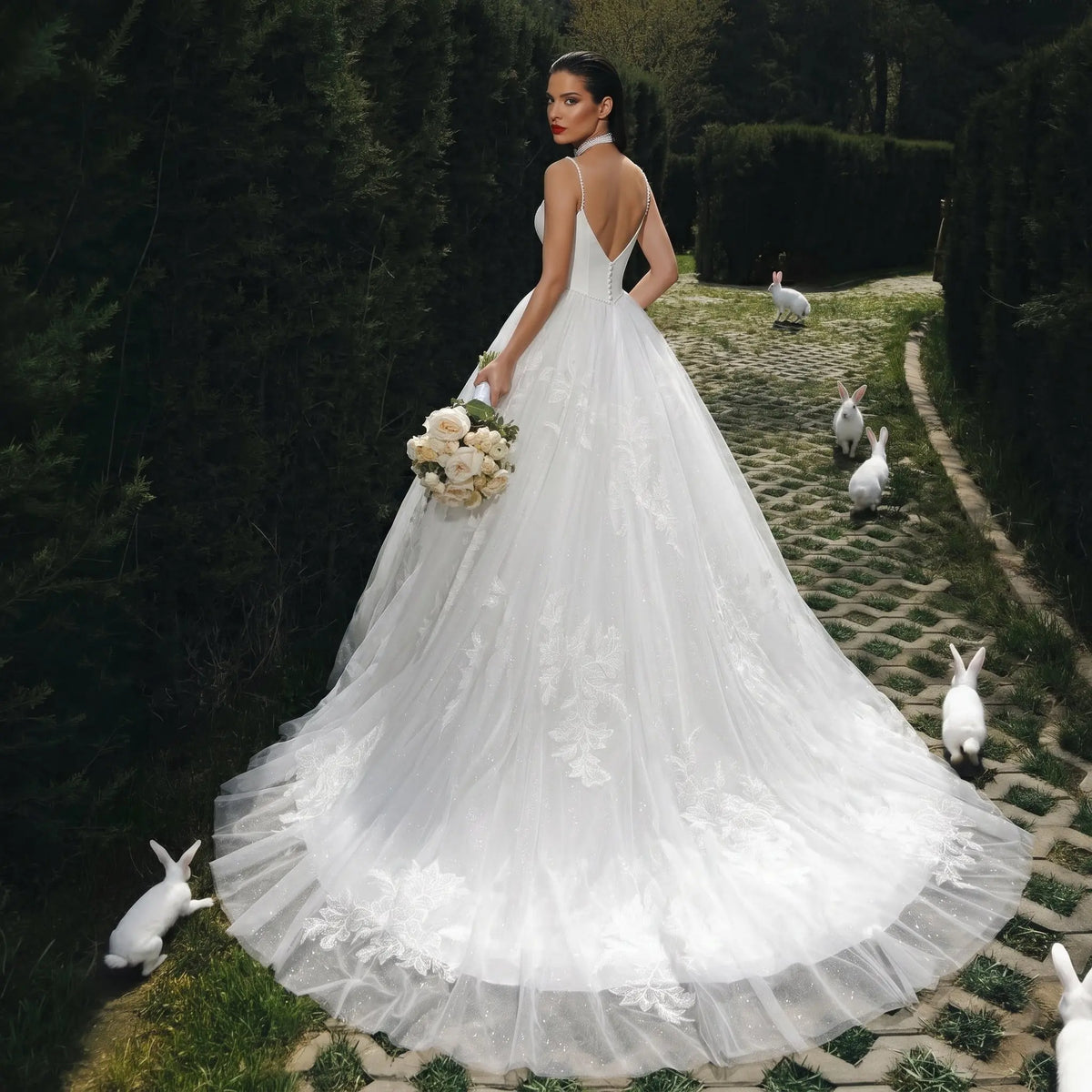 Elegant White Spaghetti Strap Satin Bodice Lace Tulle Wedding Dress with Train SW705