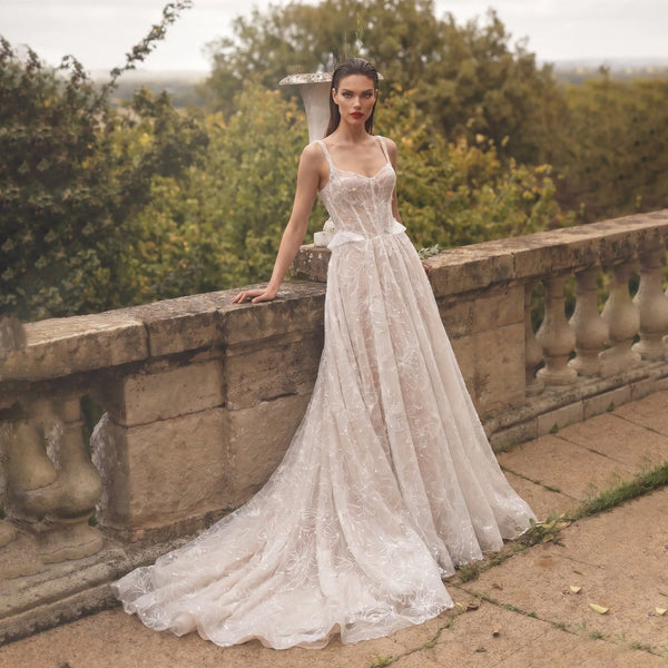 Luxury Ivory Square Neck Corset Lace Tulle A-Line Wedding Dress with Train SW706