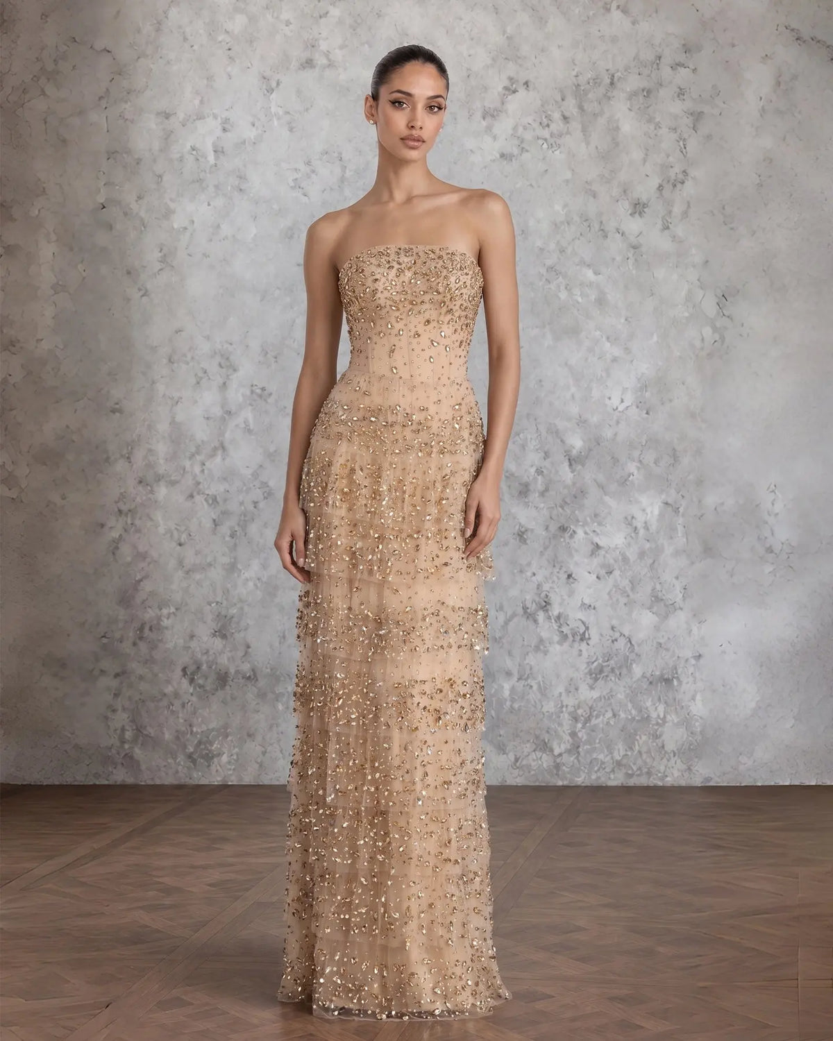 Champagne Strapless Crystal Evening Dress SS720