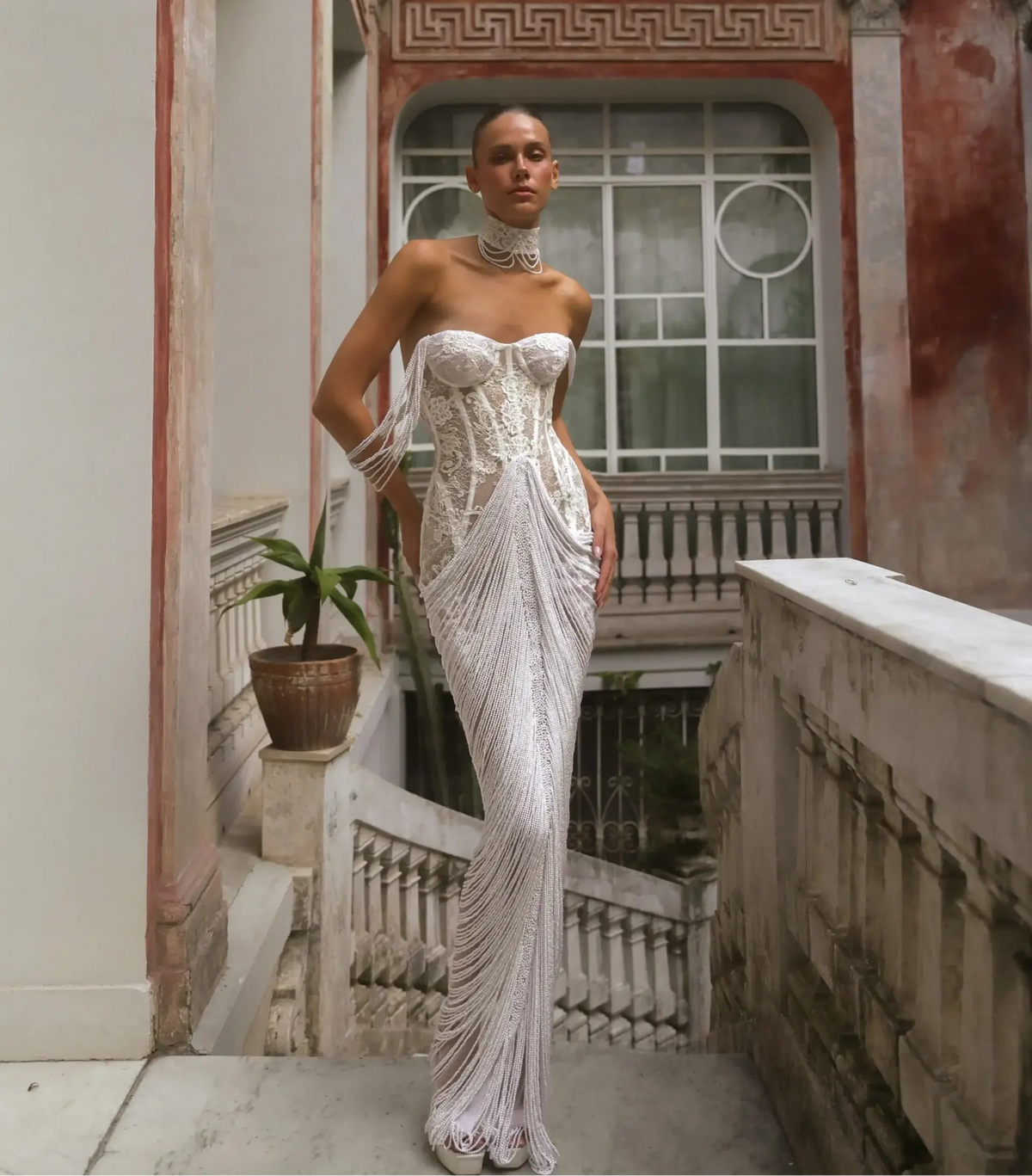 Elegant Sheer Lace Sweetheart Neck Fringe Mermaid Wedding Dress with Choker SW179 