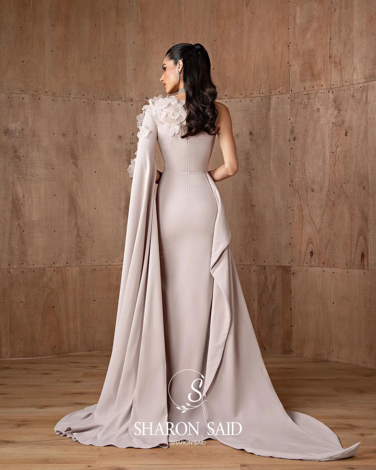 Blush Crepe Draped Train Evening Dress SF555-5